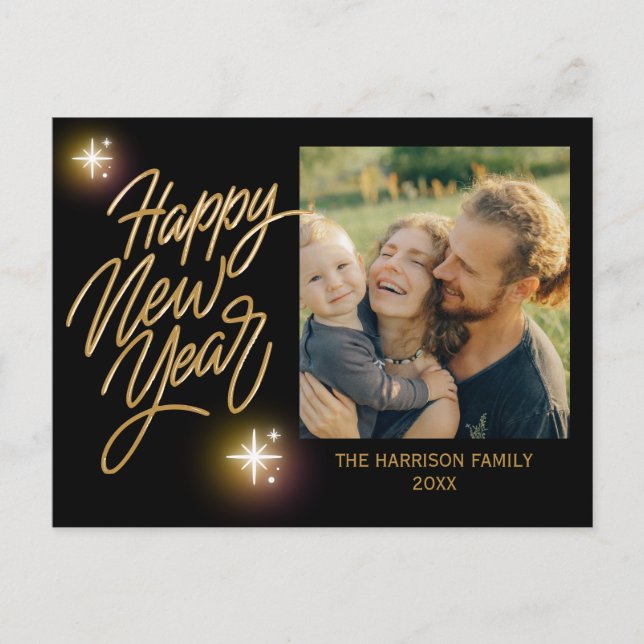 Guld Calligraphy Twinkle Star Photo New Year Black Vykort (Framsida)