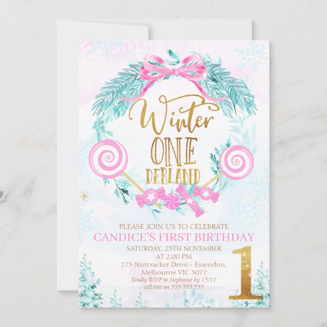 Guld Calligraphy Winter One-derland Birthday Invit Inbjudningar (Framsida)