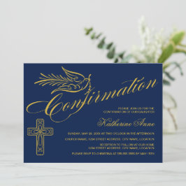 Guld Calligrigraphy Confirmation Kor and Dove Inbjudningar