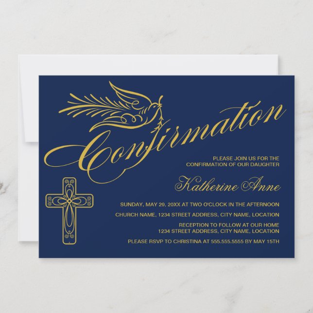 Guld Calligrigraphy Confirmation Kor and Dove Inbjudningar (Framsida)