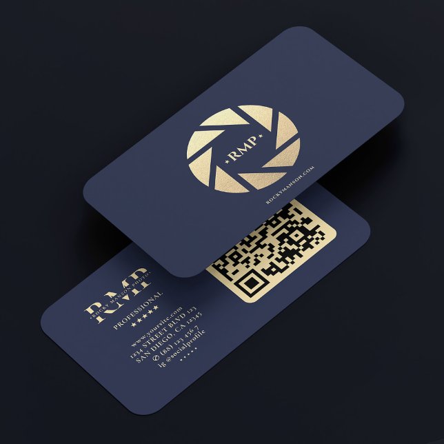 Guld Camera Lens-Mörkens marinblå foto Visitkort (Gold Camera Lens Dark Navy Blue Photographer Business Card
)