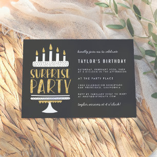 Guld Candles & Cake Surprise Födelsedagsfest Inbjudningar