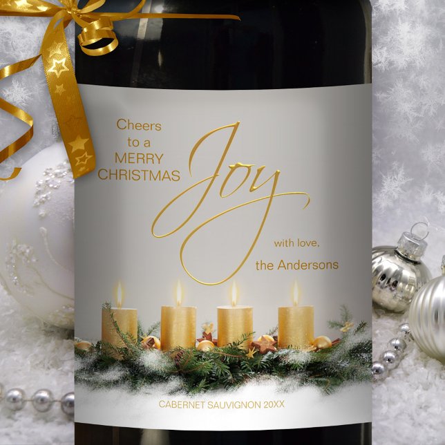 Guld Candles-Personligen, Vin-etikett vid jul Vinflaska Etikett (A festive Christmas wine label featuring golden candles on a simple chic grey background)