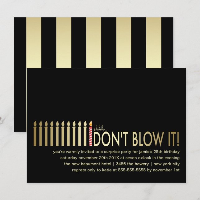 Guld Candles Surprise Födelsedagsfest inbjudan (Fram/baksida)