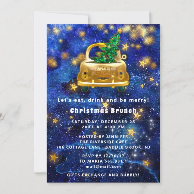 Guld Car God jul Brunch Dinner Star Blue I Inbjudningar (Framsida)