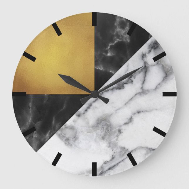 Guld Carrara Marble Grått Geometry Black Stone Met Stor Klocka (Framsida)