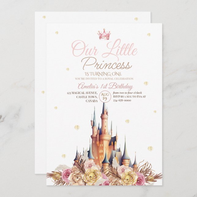 Guld Castle Elegant Little Princess Birthday Inbjudningar (Fram/baksida)