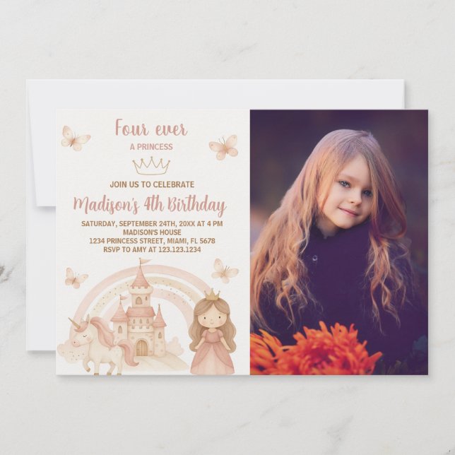 Guld Castle & Unicorn Party Inbjudan med foto (Framsida)