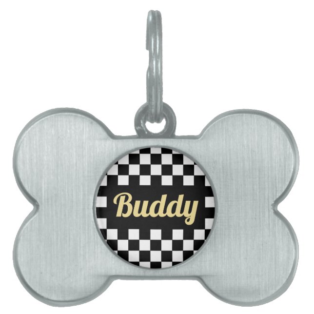 Guld Cat Hund Namn Modern Black White Kontrollerad ID-bricka Husdjur (Framsidan)