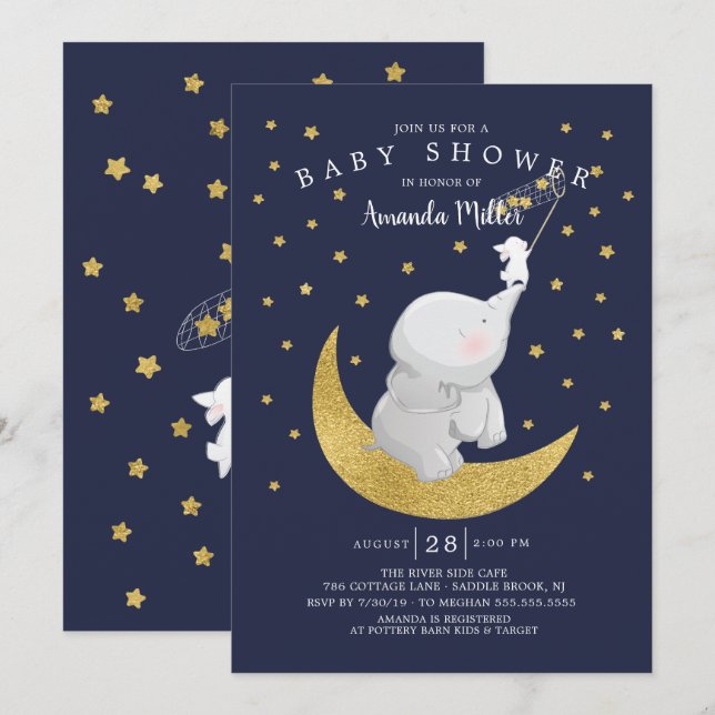 Guld Catch A Star Bunny Elephant Baby Shower Inbjudningar (Fram/baksida)