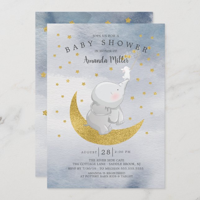 Guld Catch A Star Bunny Elephant Pojke Shower Inbjudningar (Fram/baksida)