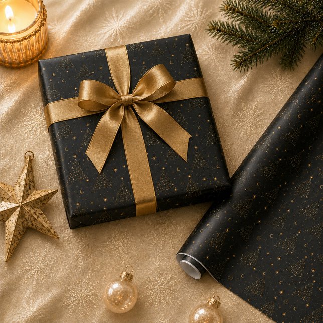 Guld Celestial Julgranspresentpapper Presentpapper (Gold Celestial Christmas Tree Wrapping Paper)