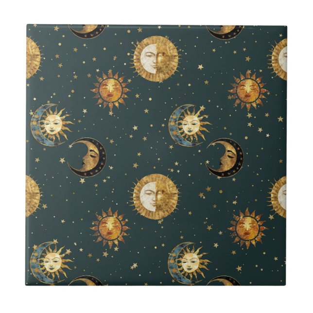 Guld Celestial Sol Måne Stjärnor Midnatt Blå Kakelplatta (Framsidan)