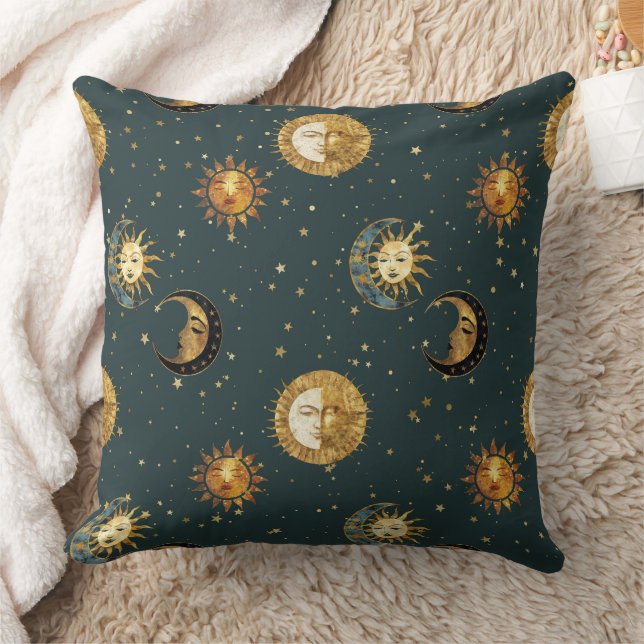 Guld Celestial Sol Måne Stjärnor Midnatt Blå Kudde (Filt)