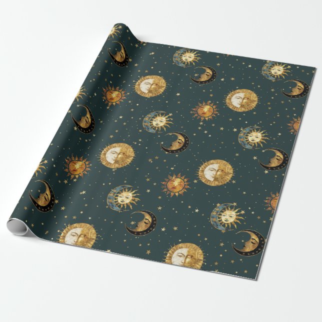 Guld Celestial Sol Måne Stjärnor Midnatt Blå Presentpapper (Utrullad)
