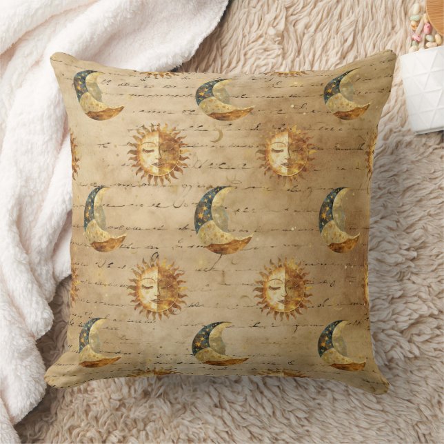 Guld Celestial Sol Måne Vintage Astrologi Mönster Kudde (Filt)