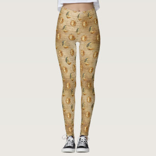Guld Celestial Sol Måne Vintage Astrologi Mönster Leggings