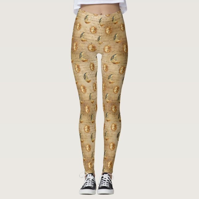 Guld Celestial Sol Måne Vintage Astrologi Mönster Leggings (Framsida)