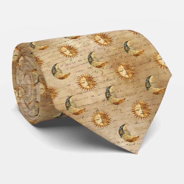 Guld Celestial Sol Måne Vintage Astrologi Mönster Slips (Rullad)
