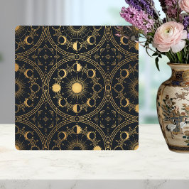 Guld Celestial Sol Månfaser Geometriskt Mönster Kakelplatta