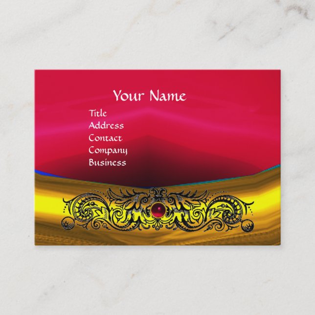 GULD CELTIC DRAGONS RED RUBY GEMSTONE MONOGRAM VISITKORT (Framsida)