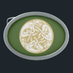 Guld Celtic Hund Trio<br><div class="desc">Intrikera guld och vitt keltiskt hundar i skivform på gröntens bakgrund.</div>