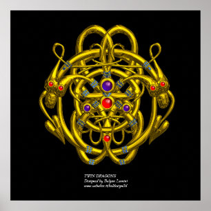 GULD CELTISKA KNOT MED TVÅ DRAGON POSTER