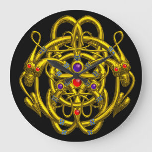 GULD CELTISKA KNOT MED TVÅ DRAGON STOR KLOCKA