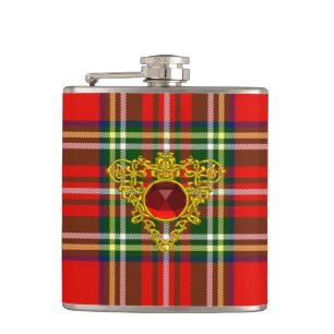 GULD CELTISKT HJÄRT MED RÖD RUBY PÅ SCOTTISH TARTA FICKPLUNTA