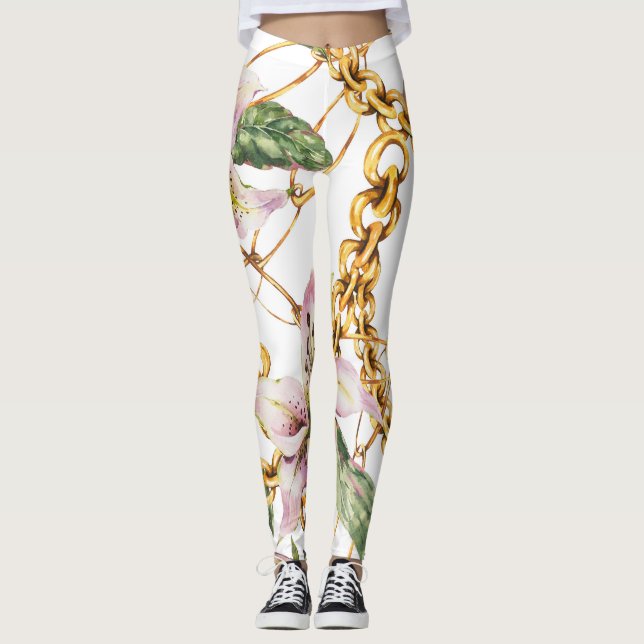 Guld Chains & Royal Lilies: Watercolor Elegance Leggings (Framsida)