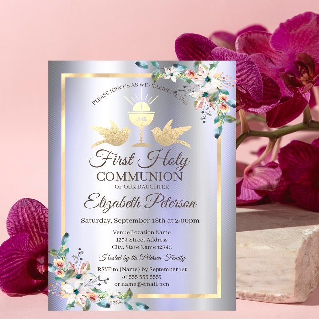 Guld Chalice Flowers Lila Metallic Inbjudningar (Skapare uppladdad)