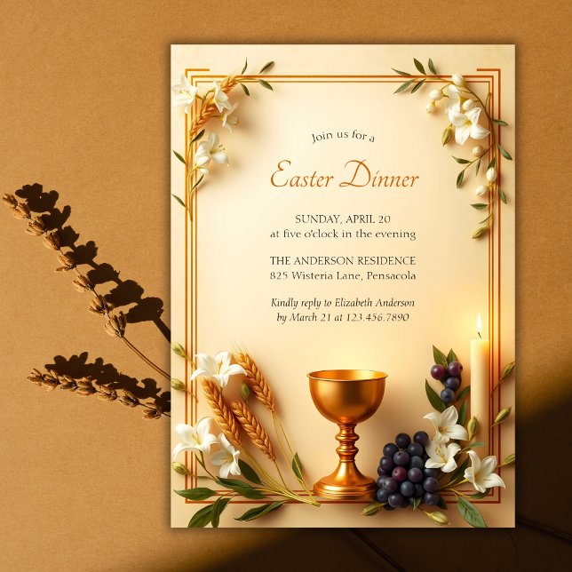 Guld Chalice Traditionell katolsk Påsk-middag Inbjudningar (Traditional Christian Easter Dinner Invitation with Elegant Religious Design)