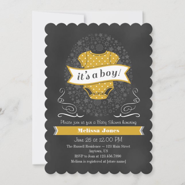 Guld Chalkboard Boy Baby Shower Inbjudan (Framsida)