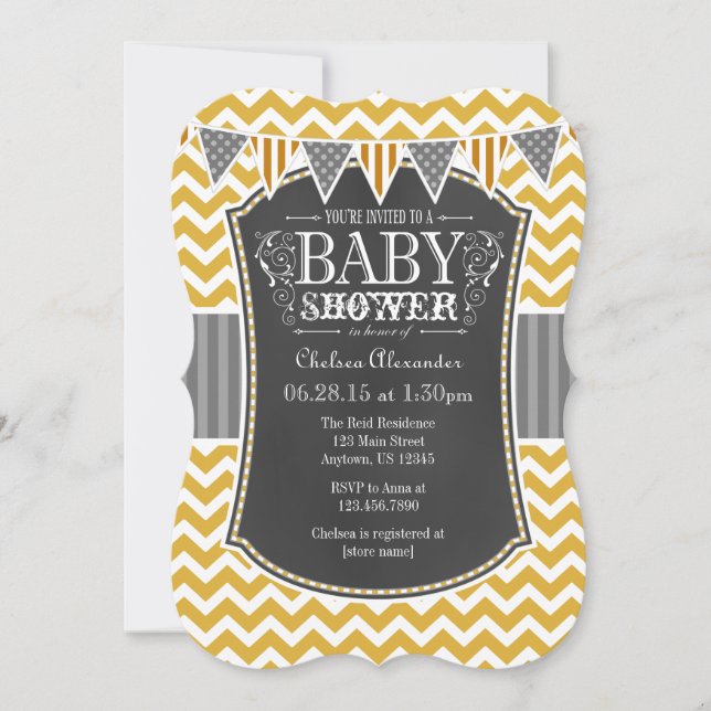 Guld Chalkboard Chevron Baby Shower Inbjudan (Framsida)