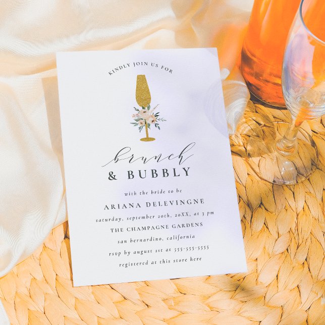 Guld Champagne & Blommigt Bouquet Brunch & Bubly Inbjudningar (Skapare uppladdad)