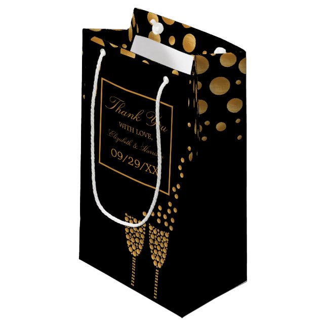 Guld Champagne Bubbles, Black & Guld Bröllop (Framsidan Vinklad)