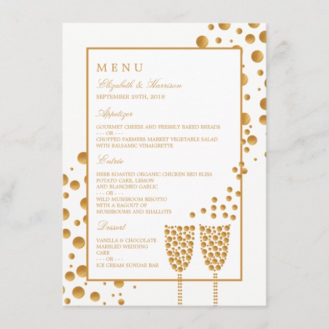 Guld Champagne Bubbles Bröllop Menu Meny (Framsida)