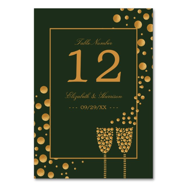 Guld Champagne Bubbles - Grönt & Guld - Bröllop Bordsnummer (Framsidan)