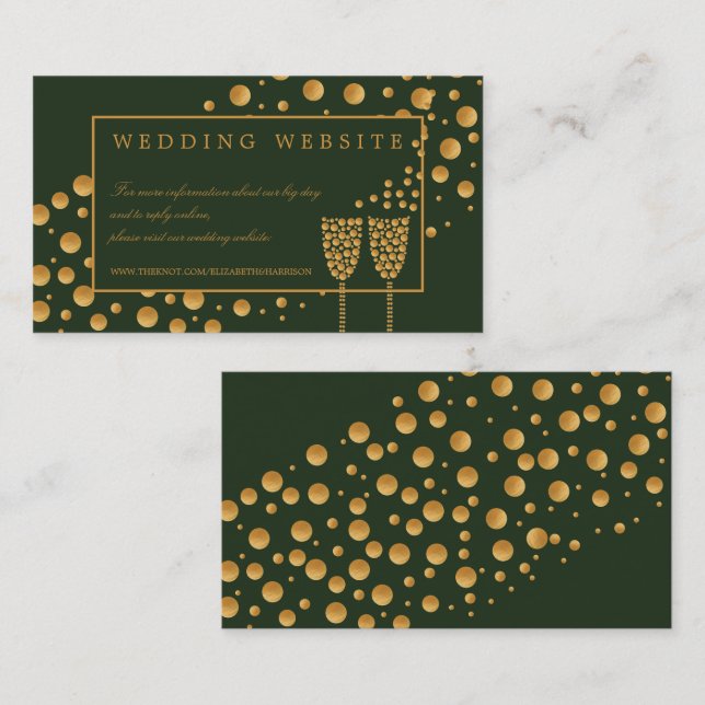 Guld Champagne Bubbles, Grönt/Guld Bröllop-detalj Tilläggskort (Fram/baksida)