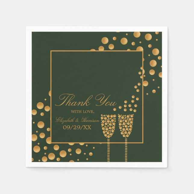 Guld Champagne Bubbles - Grönt & Guld - Bröllop Pappersservett (Framsidan)