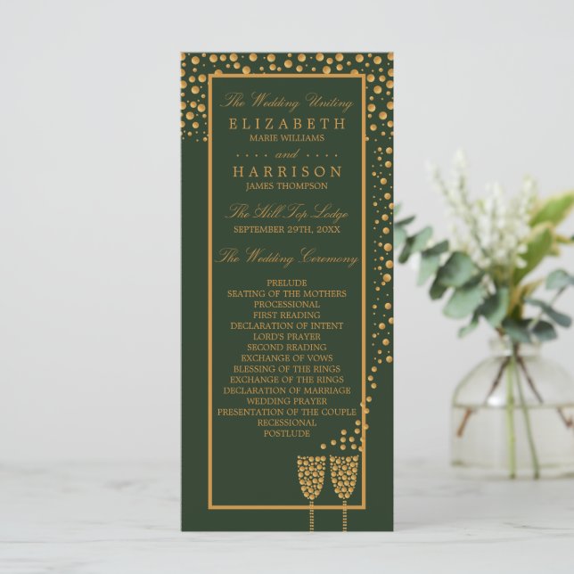 Guld Champagne Bubbles - Grönt & Guld - Bröllop Program (Stående Fram)
