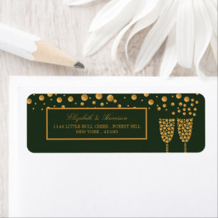 Guld Champagne Bubbles - Grönt & Guld - Bröllop Returadress Etikett