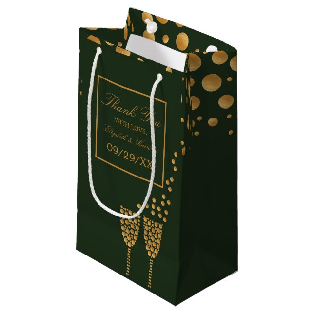 Guld Champagne Bubbles, Grönt och Guld Bröllop (Framsidan Vinklad)