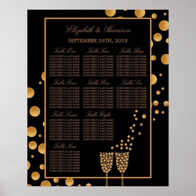 Guld champagne bubblor Förlovningsfest Sittplatska Poster (Framsidan)