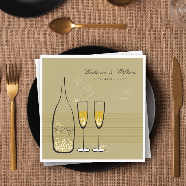 Guld Champagne Bubblor Modern Chic Stilfull Bröllo Pappersservett (Gold Champagne Bubbles Modern Chic Stylish Wedding Paper Napkins @ fat_fa_tin)
