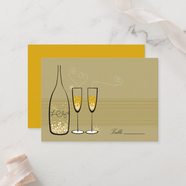 Guld Champagne Bubblor Modern Chic Stilfull Bröllo Placeringskort (Fram/Back In Situ)