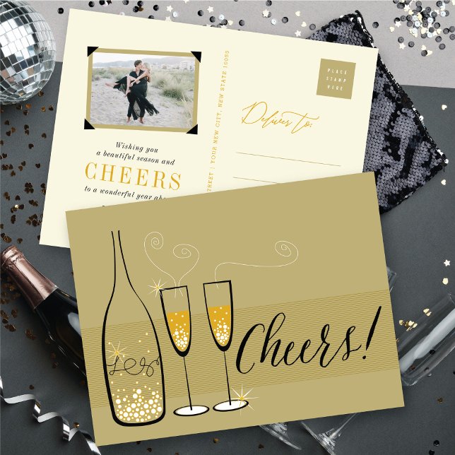 Guld Champagne Cheers Bubly Snyggt Chic nytt år Helg Vykort (Gold Champagne Cheers Bubbly Stylish New Year Holiday Postcard @ fat_fa_tin)