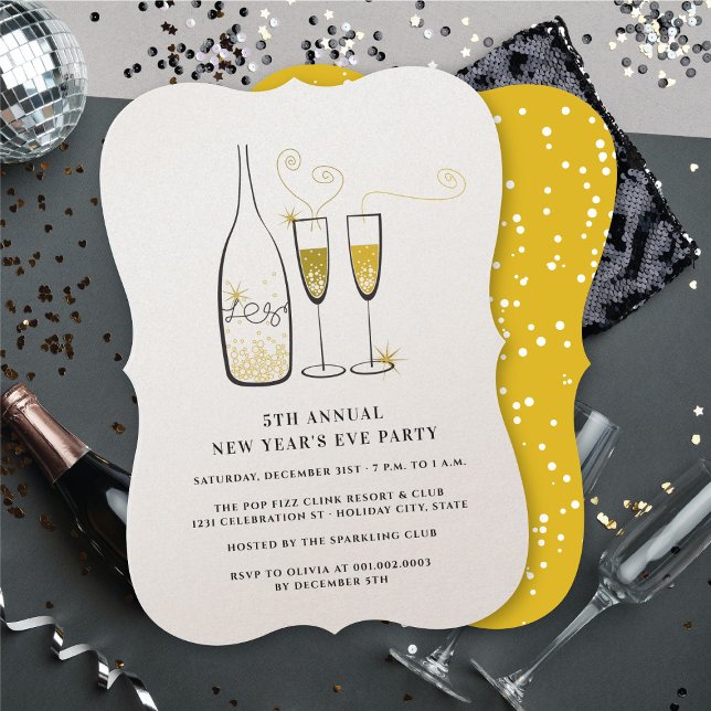 Guld Champagne Cheers Nyårsafton Party Inbjudningar (Gold Champagne Cheers Annual New Year Eve Party Invitation @ fat_fa_tin)