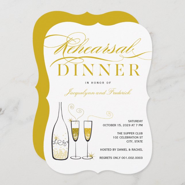 Guld Champagne Chic Bröllop Rehearsal Dinner Party Inbjudningar (Fram/baksida)