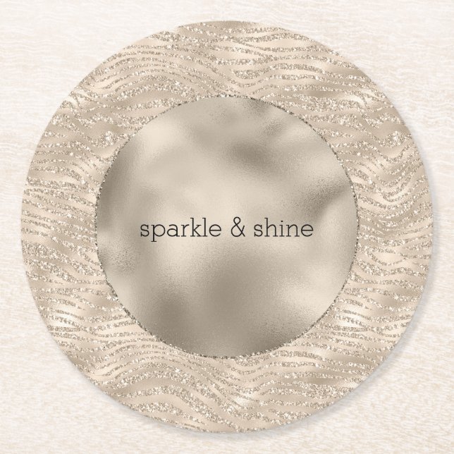 Guld Champagne Glitter Zebra tryck glam Underlägg Papper Rund (Framsidan)